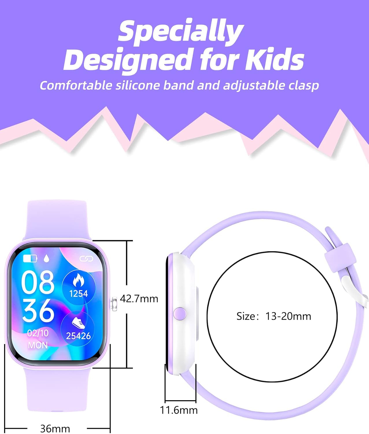Kids Smart Watch for Boys Girls,Ip68 Waterproof Kids Fitness Activity Tracker Watch,Heart Rate Sleep Monitor,8 Sport Modes,Pedometers,Calories Counter,Alarm Clock,Kid Gifts for Teens 5+ (Pruple)