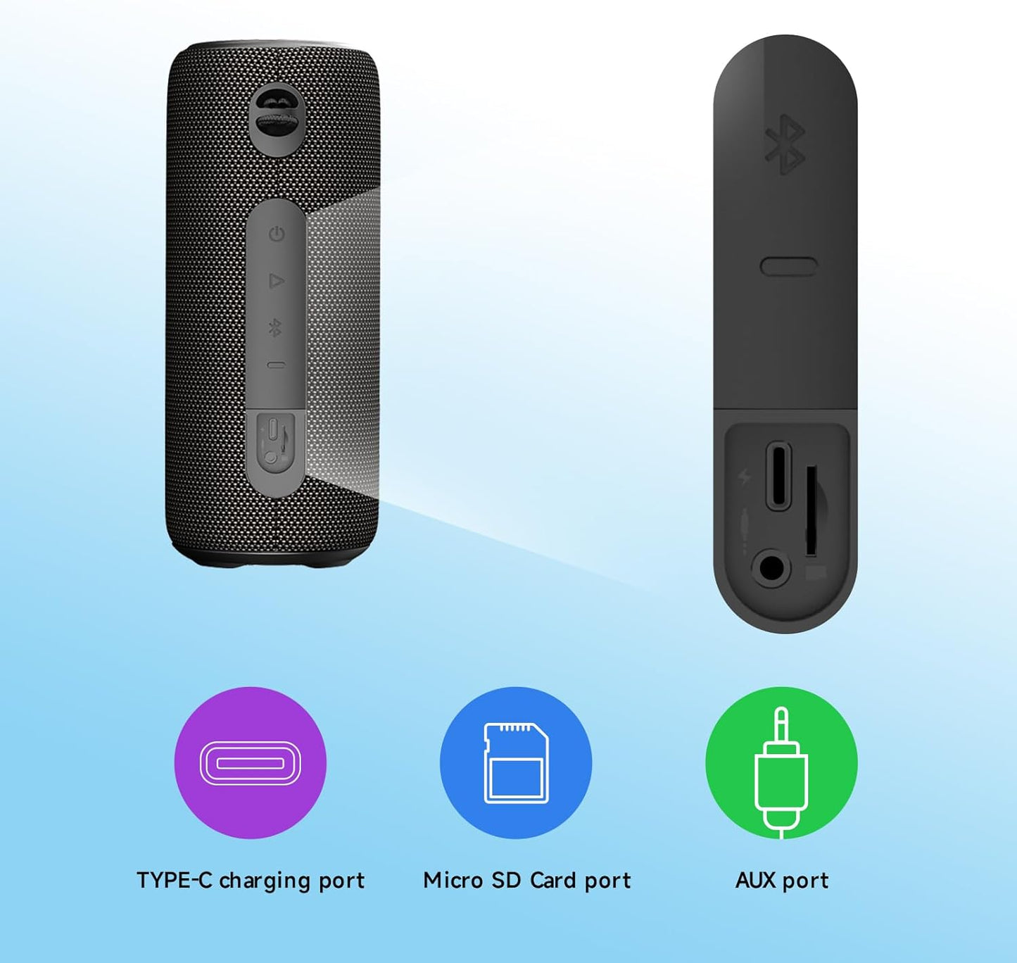 Portable Bluetooth Speaker, 30W Surround Sound, IPX7 Waterproof, Black Mesh Design, 360-Degree Audio, TWS Compatible, 8-Hour Battery, for Beach, Party, Camping