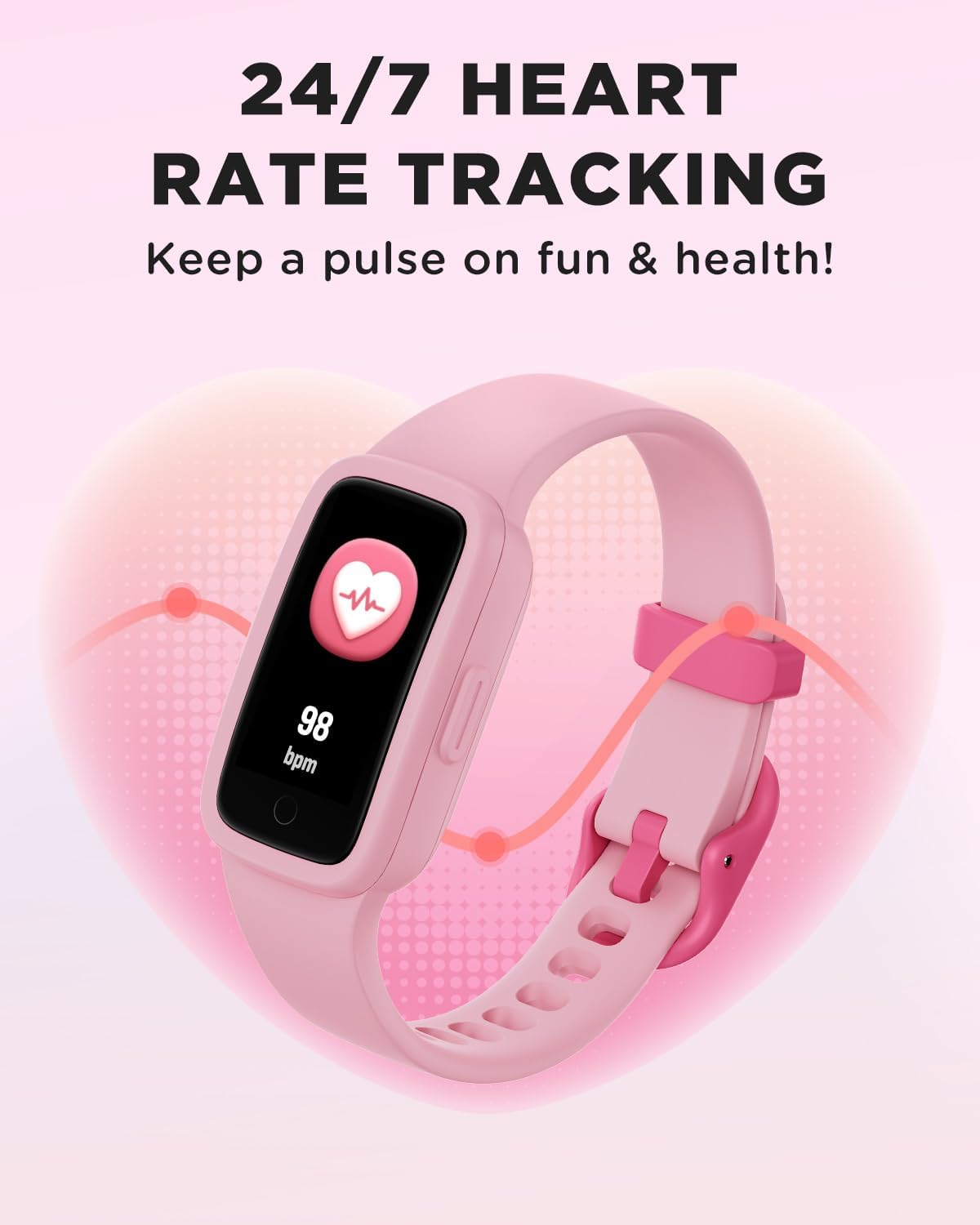 Vigor 3 Kids Fitness Tracker Watch - Pink AMOLED Smart Watch for Girls 5-15, Waterproof, Heart Rate & Sleep Monitor, Step Counter, No App or Phone Needed