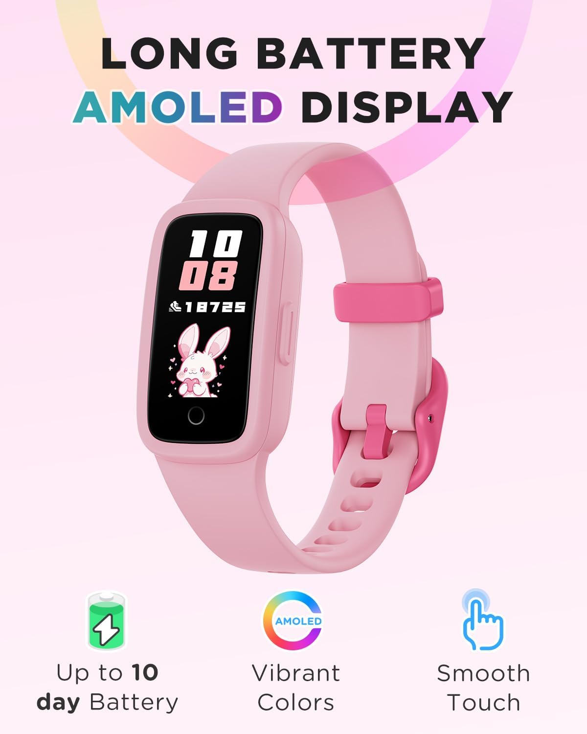Vigor 3 Kids Fitness Tracker Watch - Pink AMOLED Smart Watch for Girls 5-15, Waterproof, Heart Rate & Sleep Monitor, Step Counter, No App or Phone Needed