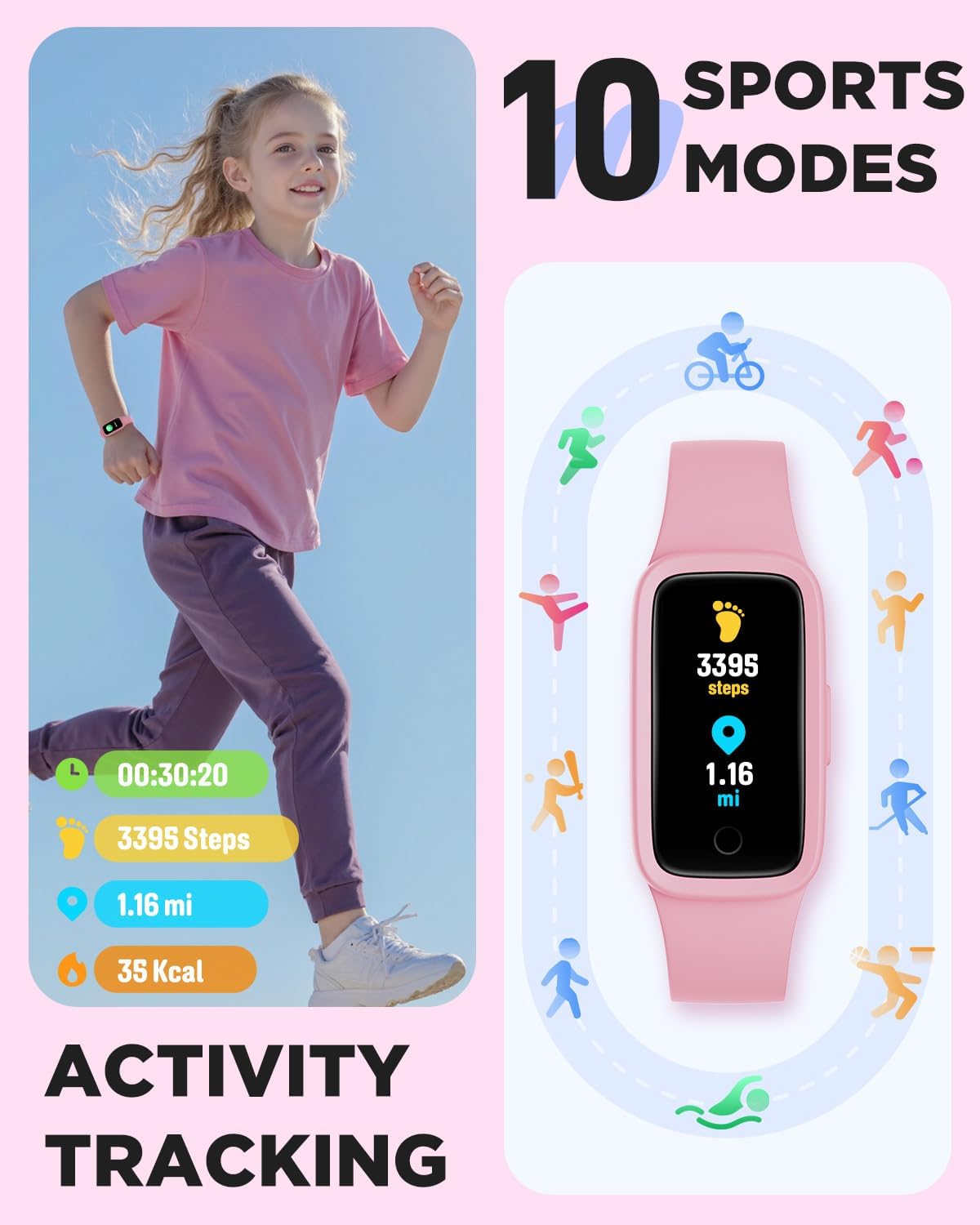 Vigor 3 Kids Fitness Tracker Watch - Pink AMOLED Smart Watch for Girls 5-15, Waterproof, Heart Rate & Sleep Monitor, Step Counter, No App or Phone Needed