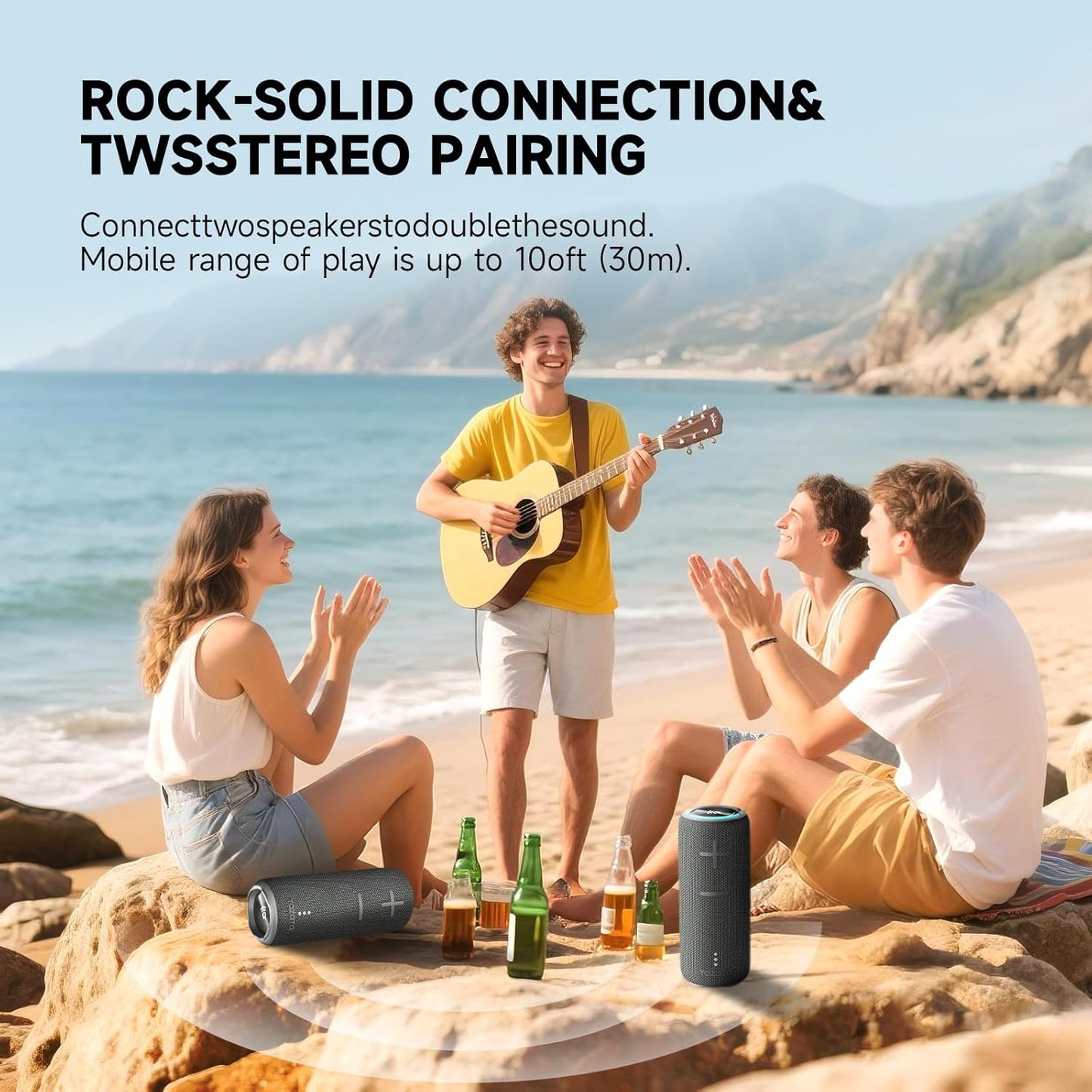 Portable Bluetooth Speaker, 30W Surround Sound, IPX7 Waterproof, Black Mesh Design, 360-Degree Audio, TWS Compatible, 8-Hour Battery, for Beach, Party, Camping