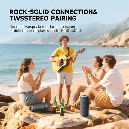 Portable Bluetooth Speaker, 30W Surround Sound, IPX7 Waterproof, Black Mesh Design, 360-Degree Audio, TWS Compatible, 8-Hour Battery, for Beach, Party, Camping