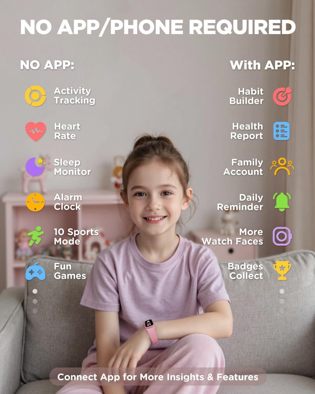 Vigor 3 Kids Fitness Tracker Watch - Pink AMOLED Smart Watch for Girls 5-15, Waterproof, Heart Rate & Sleep Monitor, Step Counter, No App or Phone Needed