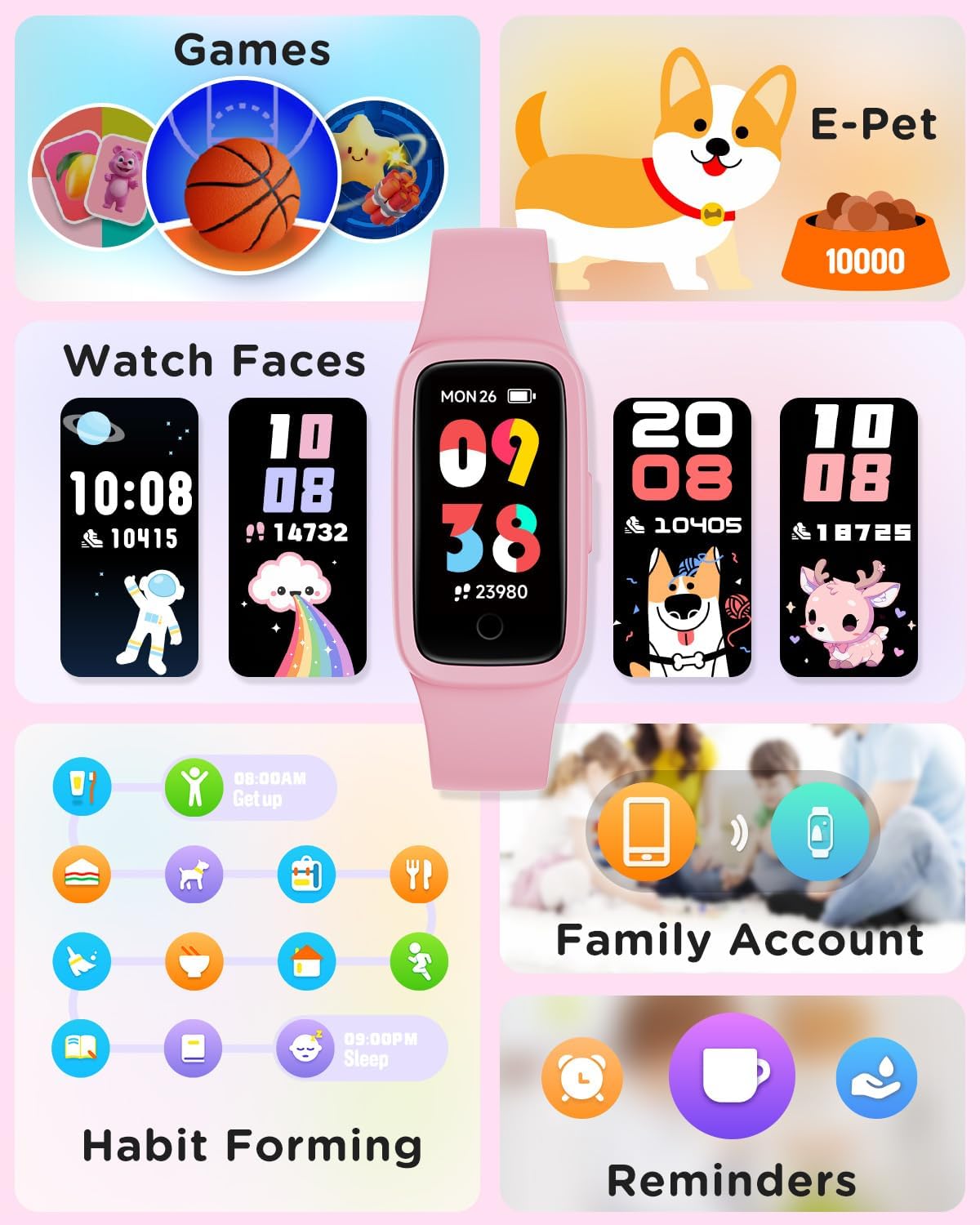 Vigor 3 Kids Fitness Tracker Watch - Pink AMOLED Smart Watch for Girls 5-15, Waterproof, Heart Rate & Sleep Monitor, Step Counter, No App or Phone Needed