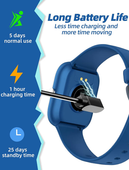 Kids Smart Watch for Boys Girls,Ip68 Waterproof Kids Fitness Activity Tracker Watch,Heart Rate Sleep Monitor,8 Sport Modes,Pedometers,Calories Counter,Alarm Clock,Kids Gifts for Teens 5+ (Blue)