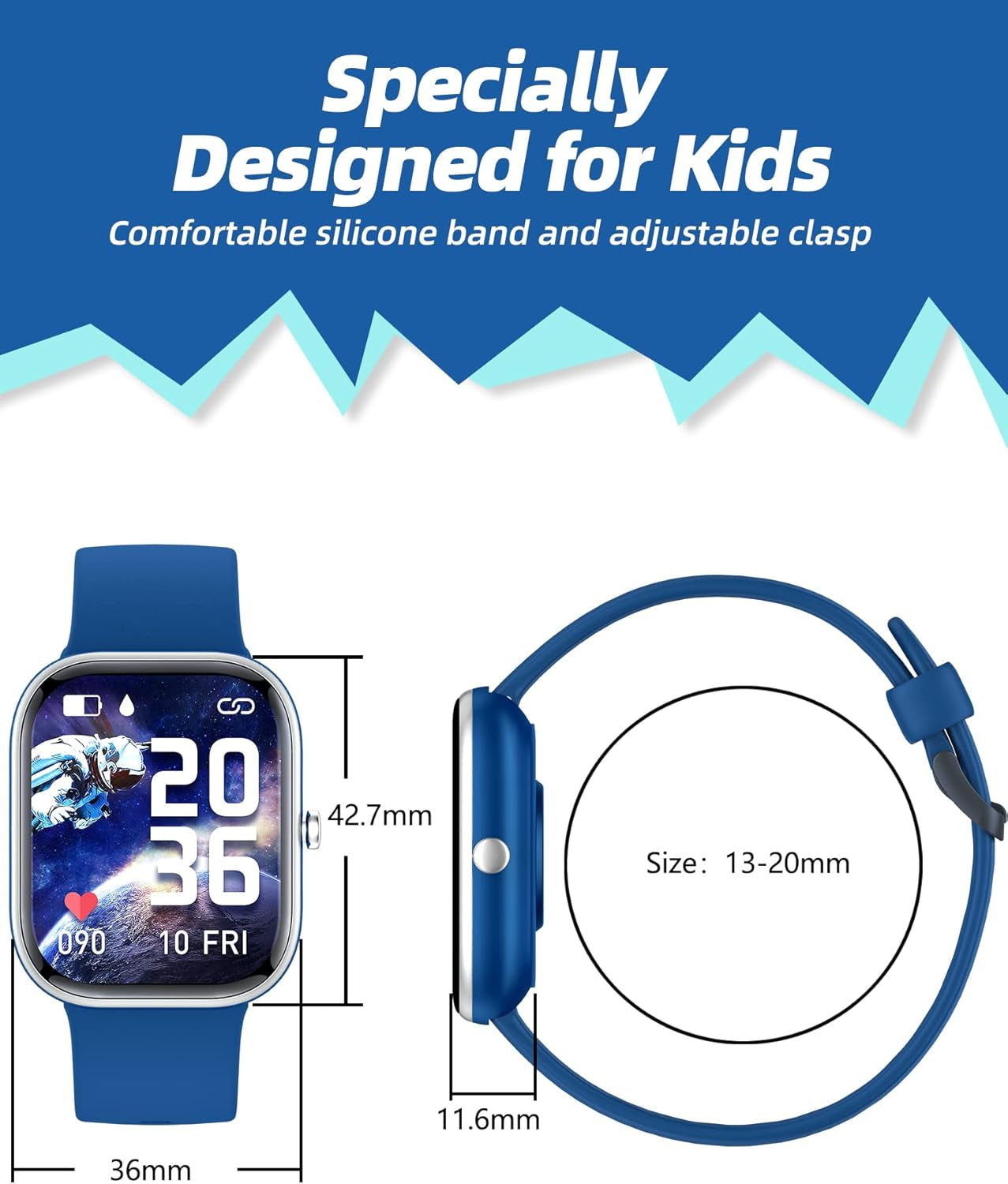Kids Smart Watch for Boys Girls,Ip68 Waterproof Kids Fitness Activity Tracker Watch,Heart Rate Sleep Monitor,8 Sport Modes,Pedometers,Calories Counter,Alarm Clock,Kids Gifts for Teens 5+ (Blue)