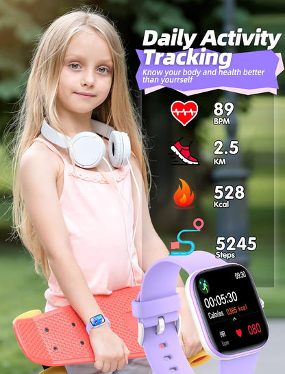 Kids Smart Watch for Boys Girls,Ip68 Waterproof Kids Fitness Activity Tracker Watch,Heart Rate Sleep Monitor,8 Sport Modes,Pedometers,Calories Counter,Alarm Clock,Kid Gifts for Teens 5+ (Pruple)