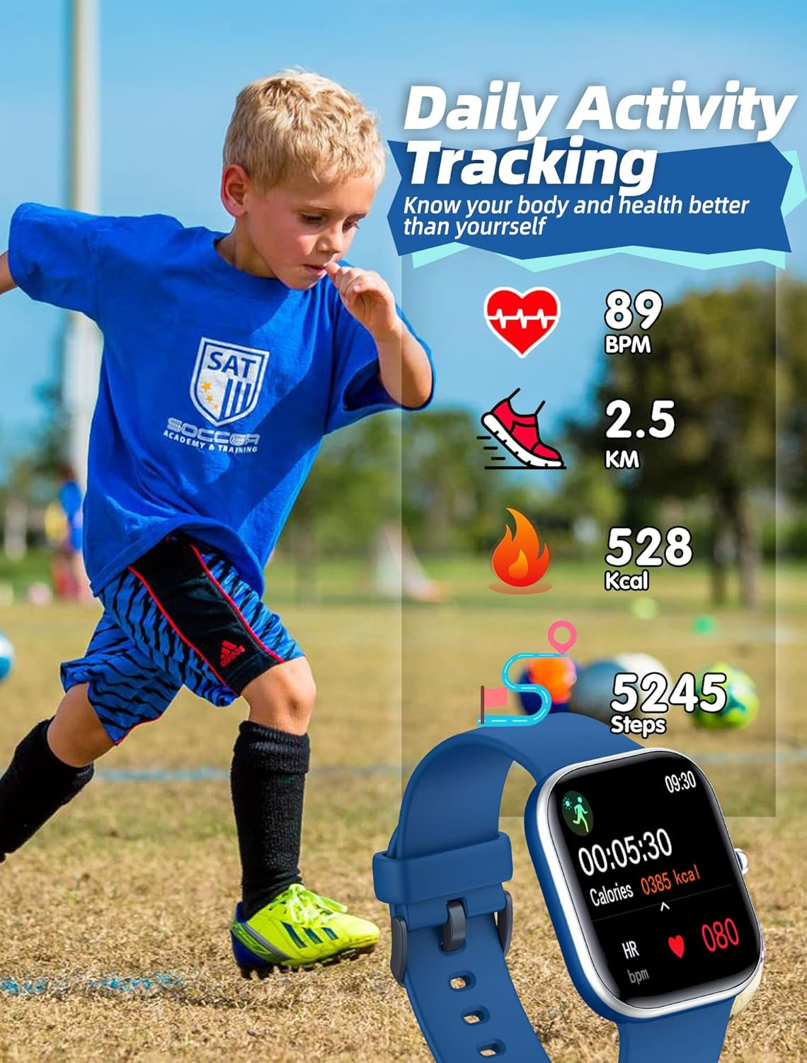 Kids Smart Watch for Boys Girls,Ip68 Waterproof Kids Fitness Activity Tracker Watch,Heart Rate Sleep Monitor,8 Sport Modes,Pedometers,Calories Counter,Alarm Clock,Kids Gifts for Teens 5+ (Blue)